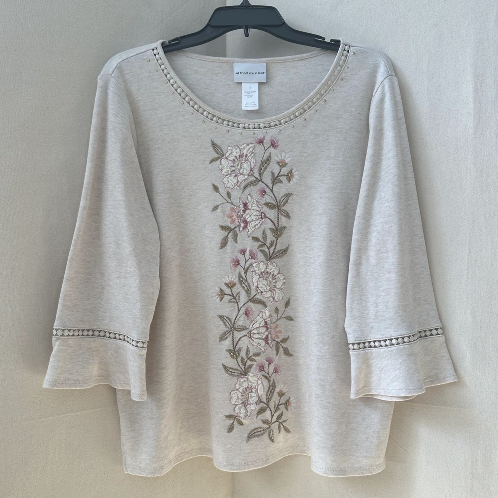 Alfred Dunner Telluride Boho Cottage Oatmeal Floral Embroidered 3/4 Sleeve Top